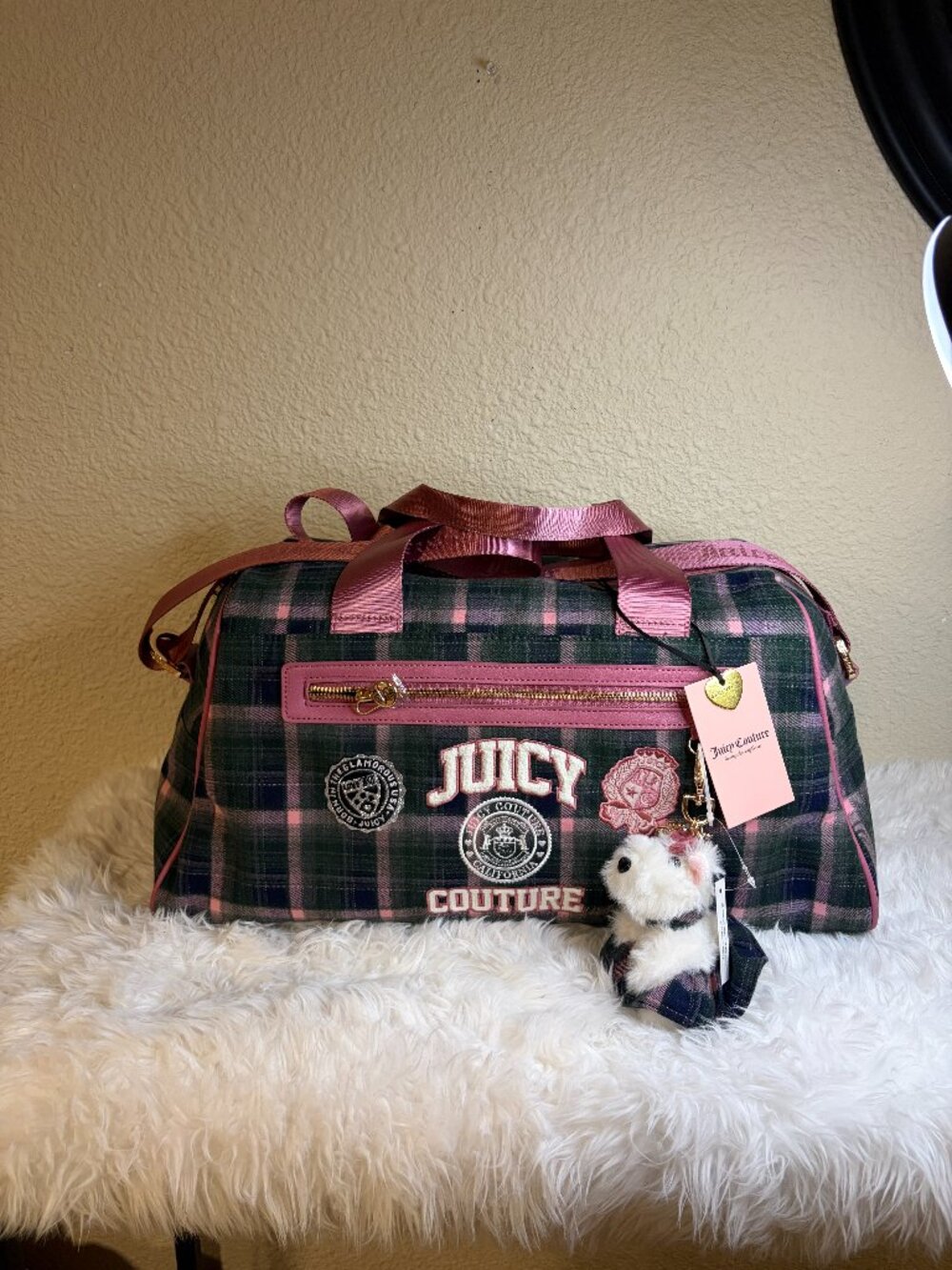 Juicy Couture Juicy Varsity Plaid Weekender Duffel Bag Scottie Dog Charm NWT